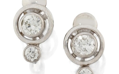 A pair of diamond earrings, each composed of a central claw-set old brilliant-cut diamond weighing approximately 0.30 carats within openwork circular frame, to a small diamond terminal, screw back fittings, approx. length 1.2cm
