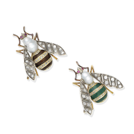 A pair of enamel, cultured pearl, ruby and diamond imperial bee brooches
