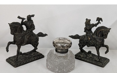 A pair of late 19th century bronze models of figures on hors...