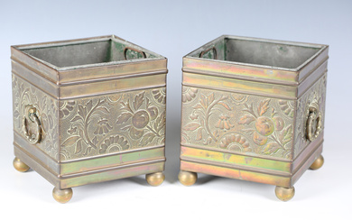 A pair of late Victorian Aesthetic Movement brass square planters, in the manner of Bruce Talbert, t