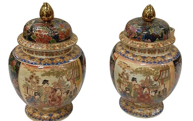 A pair of modern Chinese porcelain lidded temple jars, height...