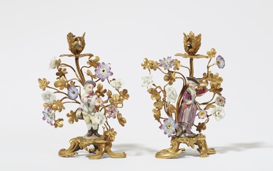 A pair of ormolu mounted Ludwigsburg porcelain candlesticks