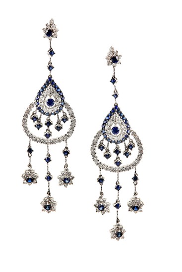 A pair of sapphire and diamond pendent earrings