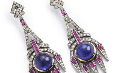 NOT SOLD. A pair of tanzanite, ruby and diamond ear pendant set with cabochon tanzanite, square-cut rubies and single-cut diamonds, mounted in 14k gold and silver. (2) – Bruun Rasmussen Auctioneers of Fine Art
