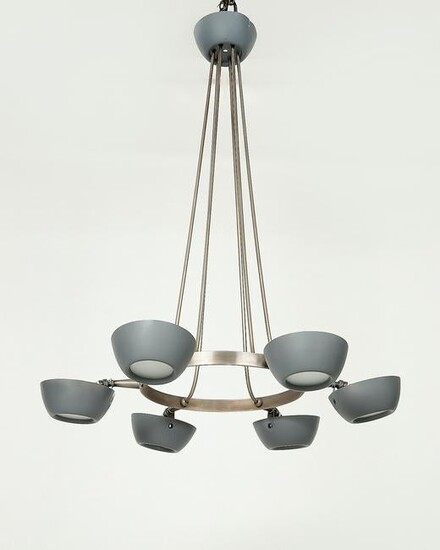 A patinated metal six light ceiling light