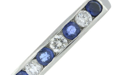 A platinum sapphire and brilliant-cut diamond half eternity ring.