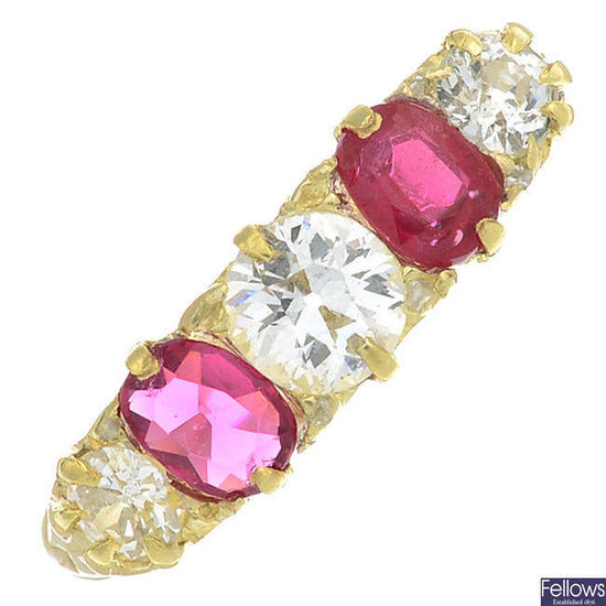 A ruby and diamond five stone ring.