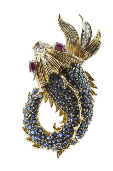 A sapphire, ruby and diamond fish brooch