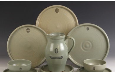 A selection of Fulham pottery wares, each in a celadon glaze...