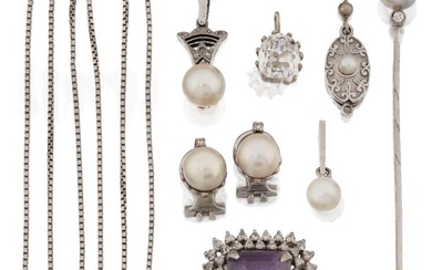A small group of jewellery comprising: a pair of diamond and cultured pearl ear clips, mounts stamped 18k; a diamond and amethyst ring, the plated metal hoop approx. size T; a box link neckchain, stamped 750, with silver mounted colourless...