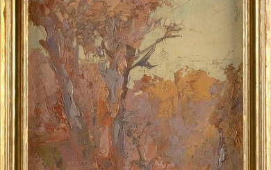 AMERICAN SCHOOL (20th Century,), Fall landscape., Oil on board, 11" x 8". Framed 12.5" x 9.5".