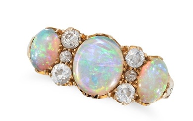 AN ANTIQUE OPAL AND DIAMOND RING in 18ct yellow gold, set with three oval cabochon opals accented by