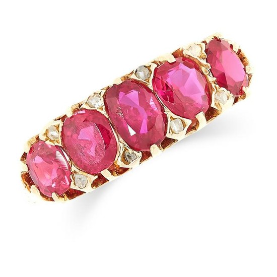 AN ANTIQUE RUBY AND DIAMOND FIVE STONE RING set with