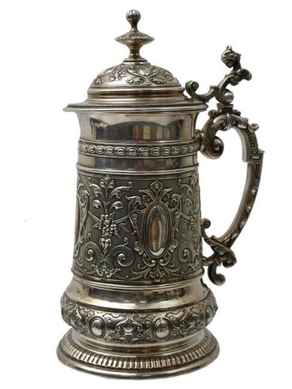 AN ANTIQUE SILVER PLATED BEER STEIN 19TH CEN.