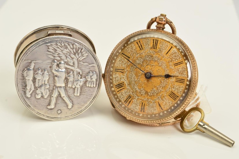 AN EARLY 20TH CENTURY GOLD POCKET WATCH AND A PILL BOX, the ...