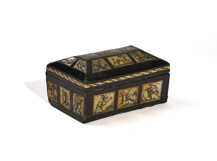 AN EBONISED, MOTHER-OF-PEARL AND BONE INLAID BOX AND COVER