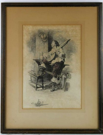 ANTIQUE ENGRAVED PLATE OF A GUITAR PLAYER BY HALL
