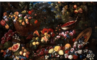 Abraham Brueghel, 1631 Antwerpen – 1697 Neapel, Grosses Stillleben mit Blumen, Früchten und Vögeln