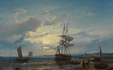Abraham Hulk (Dutch, 1813-1897) Moored boats by the beach at...