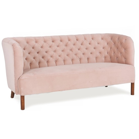 Agner Christoffersen: Freestanding 2,5-seater sofa with stained beech legs. Upholstered with button fitted rose velours. Manufactured for Magasin du Nord.