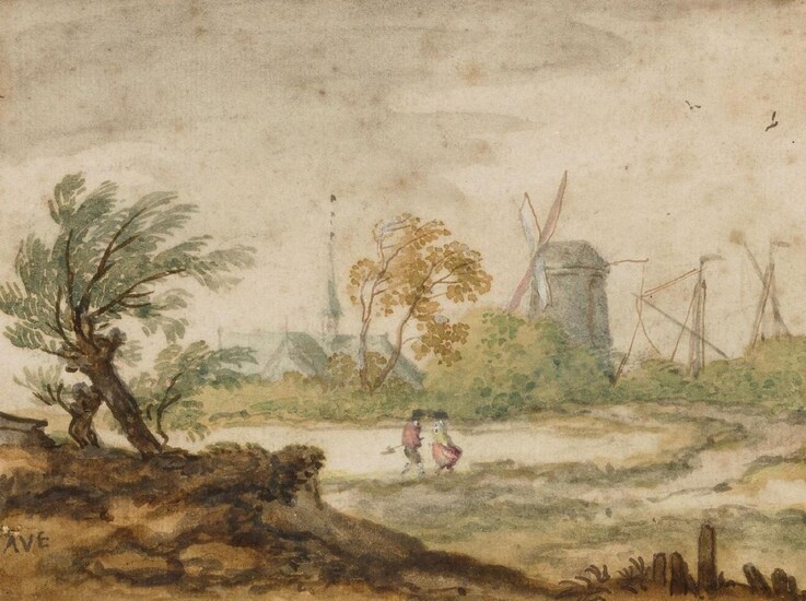 Allaert van Everdingen, Dutch 1621-1675- Landscape with two figures, a windmill and church; watercolour and grey wash on laid paper, signed in the artist's initials â€˜AVEâ€™ (lower left), 9.7 x 13 cm. Provenance: With P. & D. Colnaghi & Co...