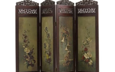 An Anglo Indian teak wood painted and carved four-panel screen, late 18th century