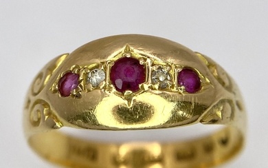 An Antique 22K Yellow Gold Ruby and Diamond Ring. Size M. 2....
