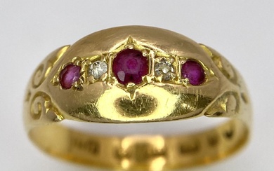 An Antique 22K Yellow Gold Ruby and Diamond Ring....