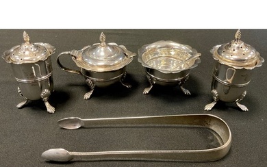 An Edwardian silver matched four piece condiment set, Birmin...