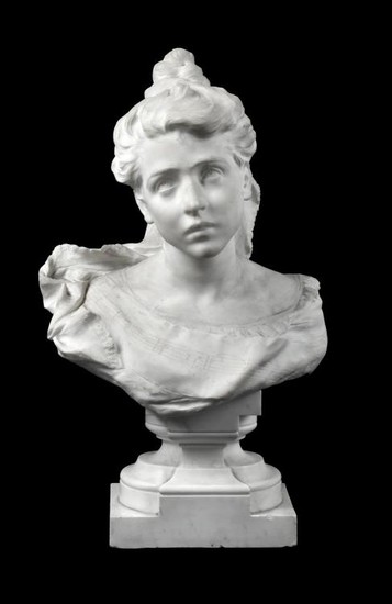 An Italian sculpted white marble bust of a maiden, probably an allegory of music, last quarter 19th century