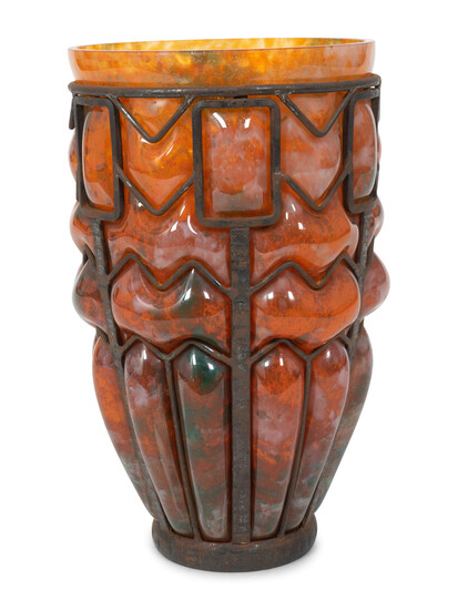 An Unsigned Daum Wrought-Iron and Glass Blow-Out Vase