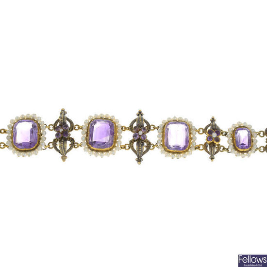 An amethyst and seed pearl bracelet.