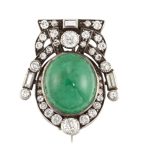 An emerald and diamond brooch, the oval...