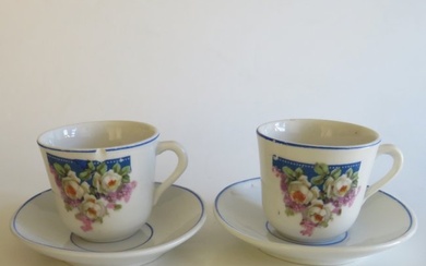 Antique Children’s Ceramic Tea Set, 2 Cups with 2 Saucers, 1910s