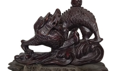 Antique Chinese Black Wood Carved Dragon Statue 6x4in Late Qing Reticulated Figure