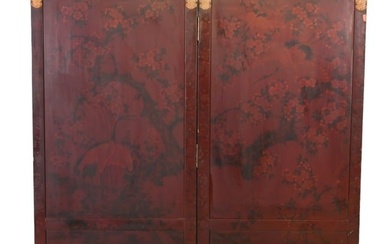Antique Chinese Lacquer 2 Panel Painted Screen