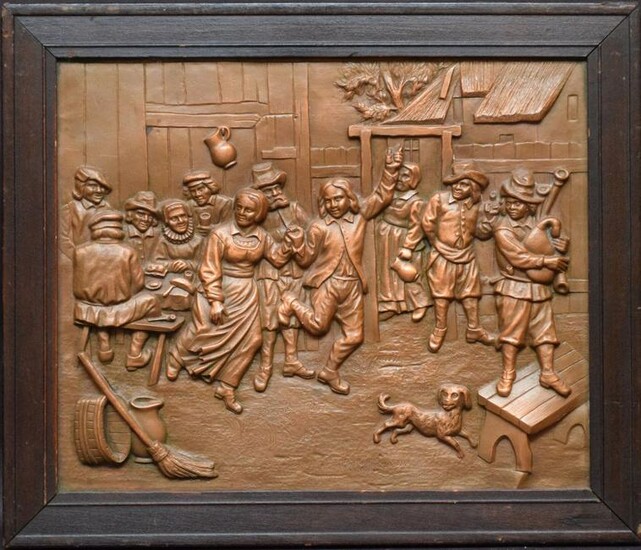 Antique copper Dutch scene plaque in relief, 10 3/4 x