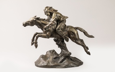 Antoine BOFILL (c.1875-1939/53) Indien à cheval (1915) Bonze patiné. Hauteur : 40 cm. Longueur :...