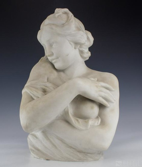 Art Nouveau Female Nude Marble Bust Sculpture 18"