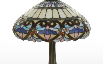 Art Nouveau Style Slag Glass and Bronzed Metal Table Lamp