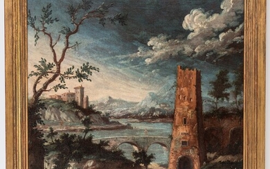 Attributed to Alessio de Marchis, "A pair of Fantasia landscapes with towers, figures and ruins in mountainous landscape"