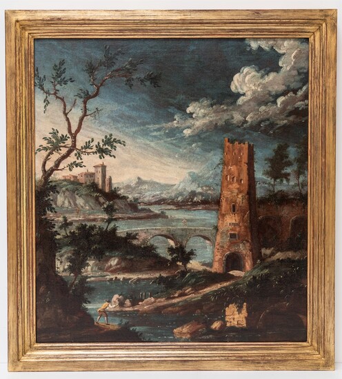 Attributed to Alessio de Marchis, "A pair of Fantasia landscapes with towers, figures and ruins in mountainous landscape"