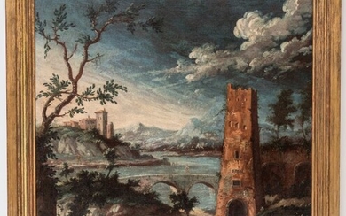 Attributed to Alessio de Marchis,"A pair of Fantasia landscapes with towers, figures and ruins"