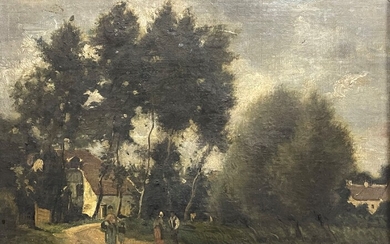 Auguste ALLONGE (1833-1898) "Promeneurs sur un chemin" Huile sur toile signée en bas à droite...