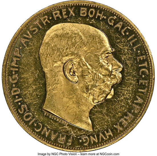 Austria: , Franz Joseph I gold Prooflike 100 Corona 1910 Prooflike Details (Obverse Cleaned) NGC,...
