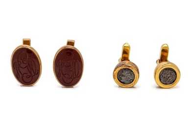 BULGARI, 'MONETE' YELLOW GOLD AND COIN CUFFLINKS, TOGETHER WITH TIFFANY & CO., CARVED CARNELIAN CUFF