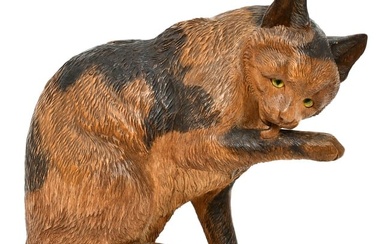 Black Forest Carved Wood Figure of a Cat with Glass Eyes