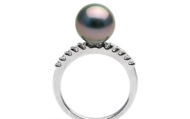 Black Tahitian Pearl and Diamond Half-Eternity Ring, 9.0-10.0mm, 14K Gold