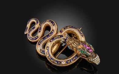 Broche en émail, rubis, émeraude et perles de rocaille, milieu du 19e siècle, conçue comme...