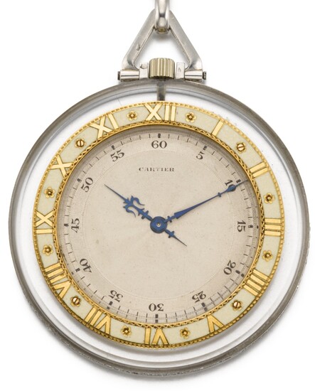 CARTIER/EUROPEAN WATCH & CLOCK CO., INC. [卡地亞 / European Watch & Clock Co., Inc.] | A VERY FINE ROCK CRYSTAL KEYLESS LEVER OPEN-FACED DRESS WATCH WITH PLATINUM, GOLD AND ENAMEL MOUNTS, WITH ASSOCIATED ONYX, PEARL AND DIAMOND-SET PENDANT CHAIN CIRCA...